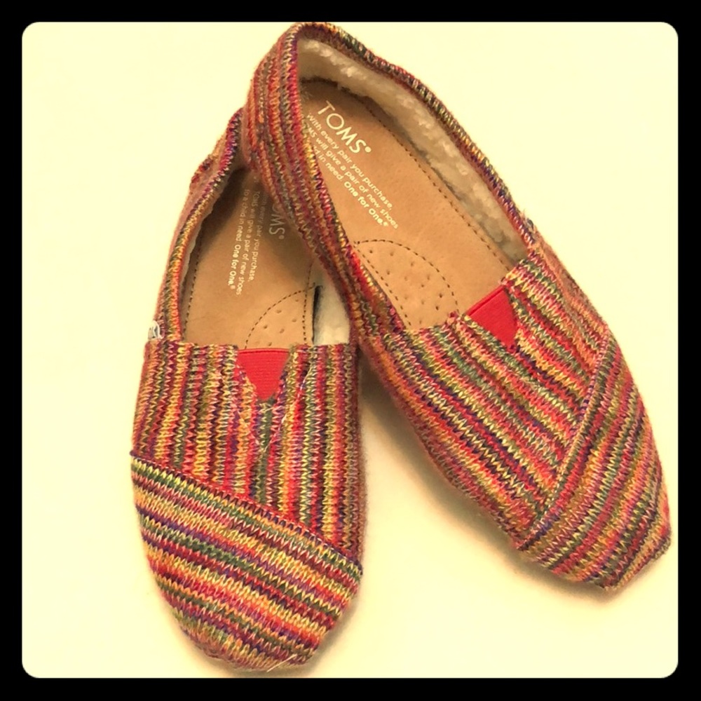 Multicolored woven Toms slip ons